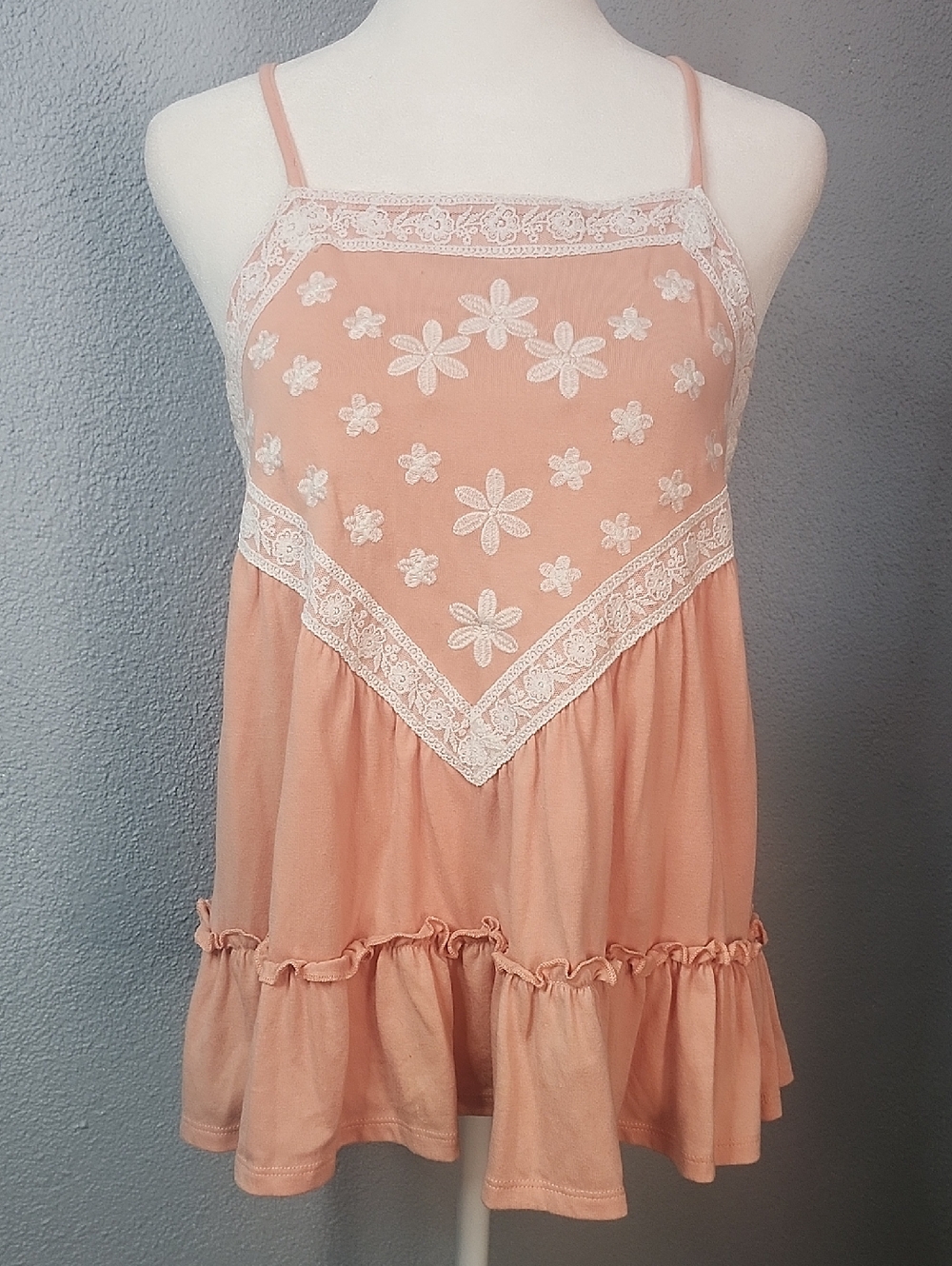 Peach Floral Lace Trim Spaghetti Strap Tank Top